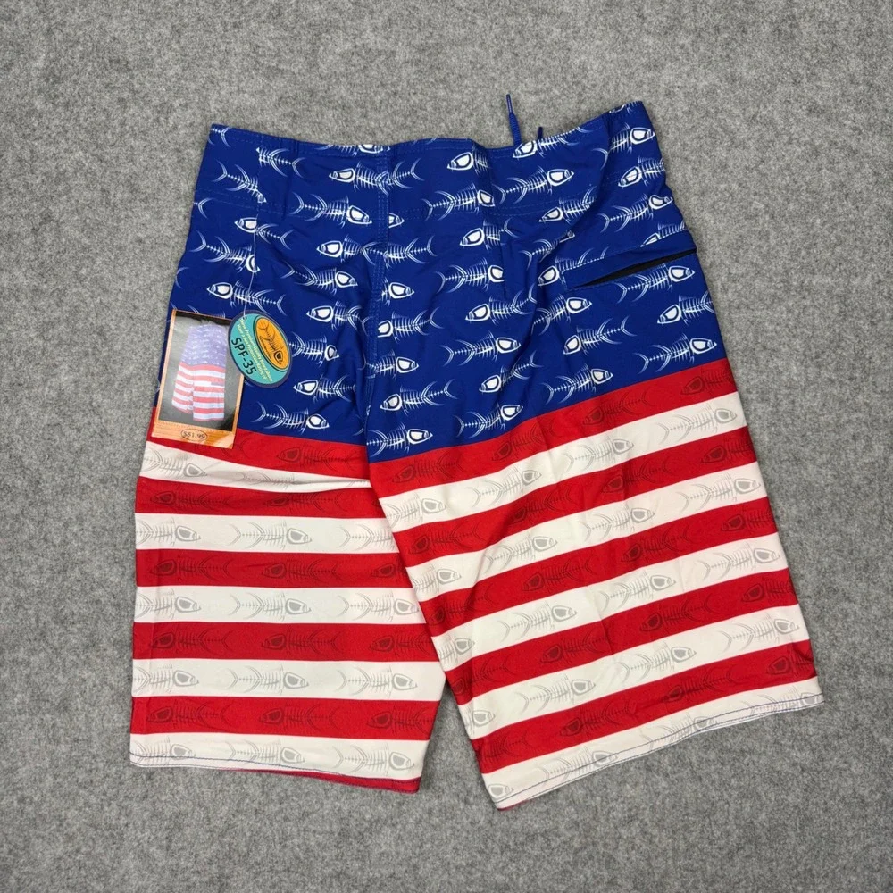 Tormenter Mens American Flag Fish Bone Board Shorts Blue Red White SPF35 Size 30